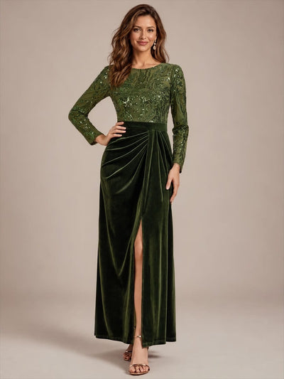 Sequin Velvet Evening Dress with Long Sleeves