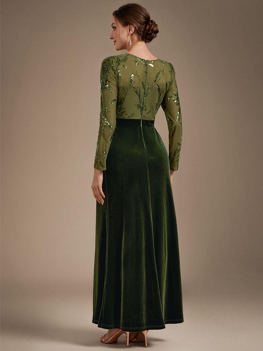 Velvet Maxi Length Round neckline Sheath Fitted sleeves It is not padded, with lining. Dress #color_Olive Green