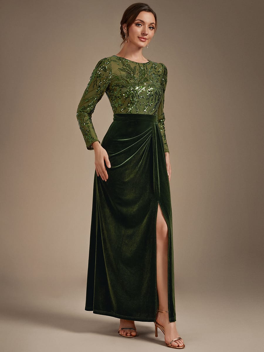 Velvet Maxi Length Round neckline Sheath Fitted sleeves It is not padded, with lining. Dress #color_Olive Green