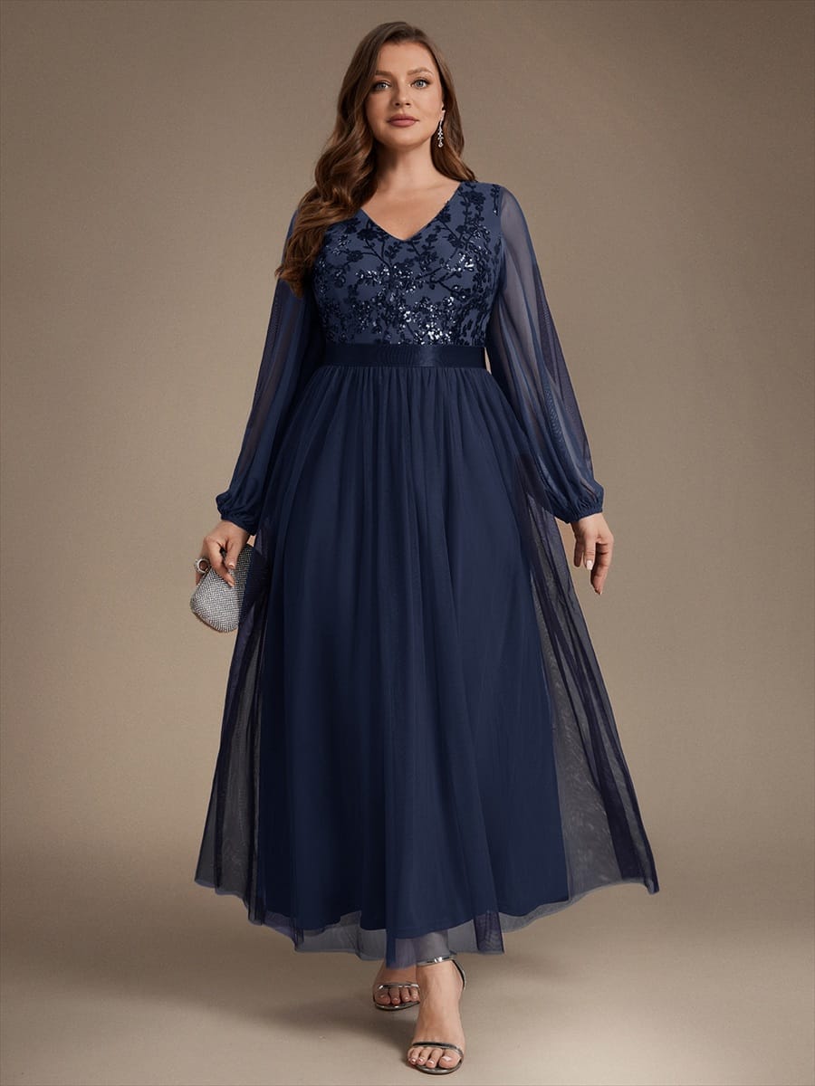 Tulle Maxi Length V-neckline A-line Puff Sleeve Back zipper Evening Dresses #color_Navy Blue