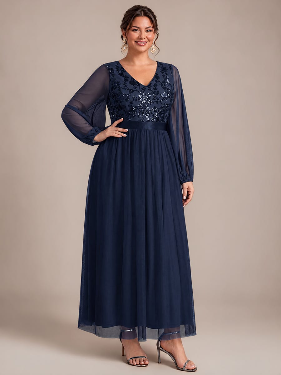 Tulle Maxi Length V-neckline A-line Puff Sleeve Back zipper Evening Dresses #color_Navy Blue