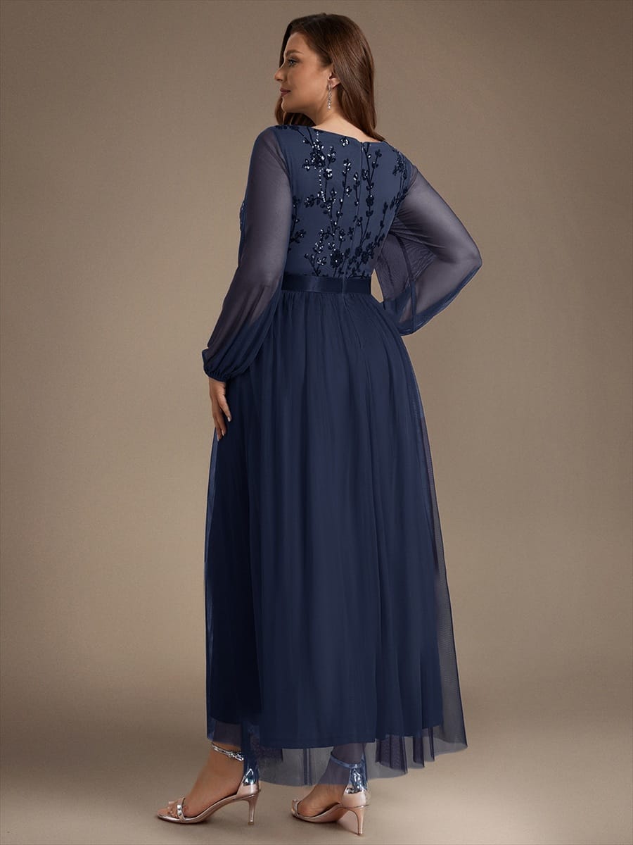 Tulle Maxi Length V-neckline A-line Puff Sleeve Back zipper Evening Dresses #color_Navy Blue