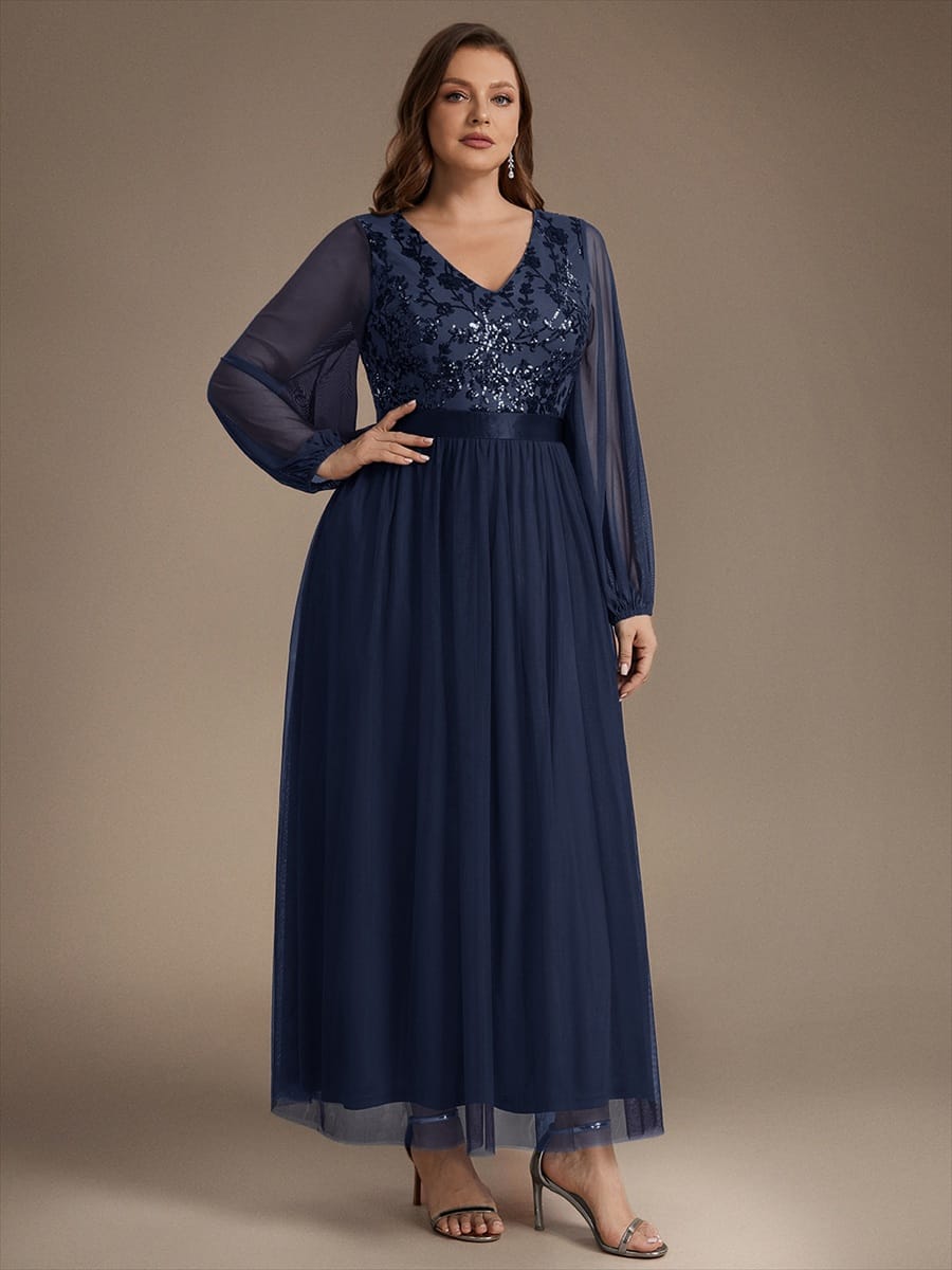 Tulle Maxi Length V-neckline A-line Puff Sleeve Back zipper Evening Dresses #color_Navy Blue