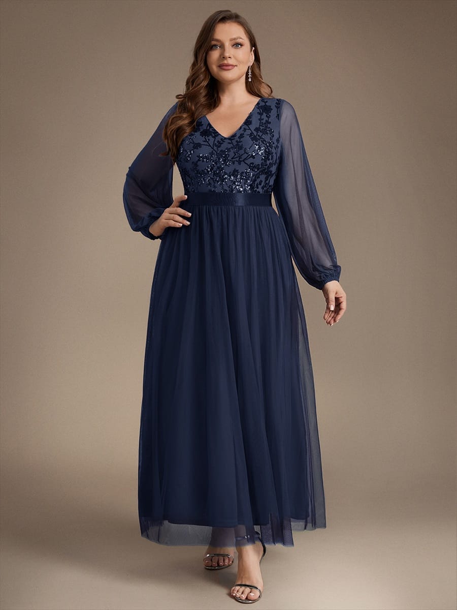 Tulle Maxi Length V-neckline A-line Puff Sleeve Back zipper Evening Dresses #color_Navy Blue