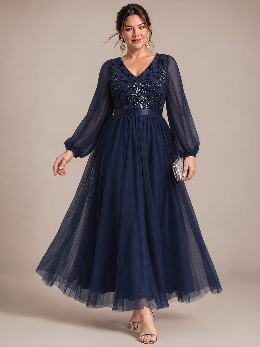 Tulle Maxi Length V-neckline A-line Puff Sleeve Back zipper Evening Dresses #color_Navy Blue