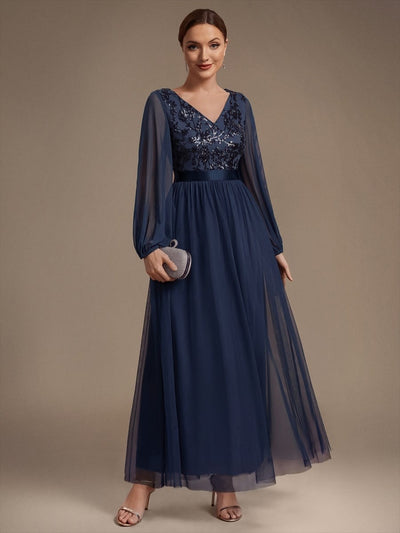 Tulle Maxi Length V-neckline A-line Puff Sleeve Back zipper Evening Dresses