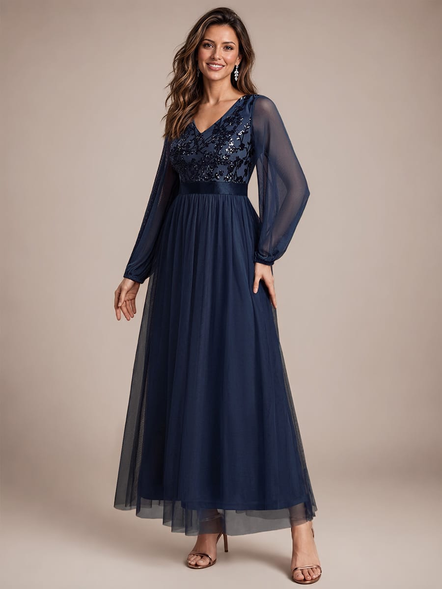 Tulle Maxi Length V-neckline A-line Puff Sleeve Back zipper Evening Dresses #color_Navy Blue