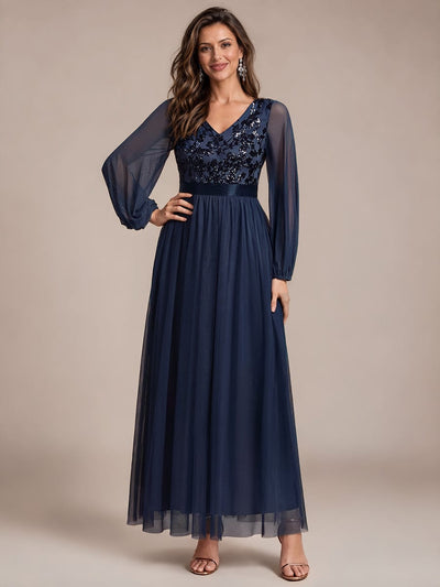 Sequin Tulle Puff Sleeve Maxi Evening Dress
