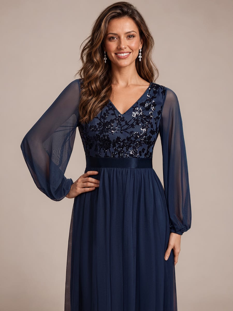 Tulle Maxi Length V-neckline A-line Puff Sleeve Back zipper Evening Dresses #color_Navy Blue