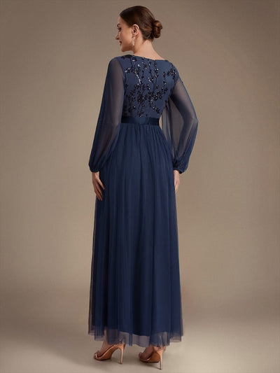 Tulle Maxi Length V-neckline A-line Puff Sleeve Back zipper Evening Dresses #color_Navy Blue