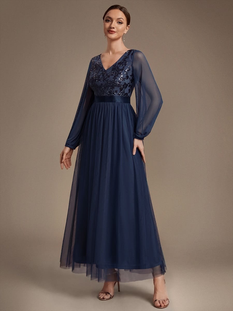 Tulle Maxi Length V-neckline A-line Puff Sleeve Back zipper Evening Dresses #color_Navy Blue