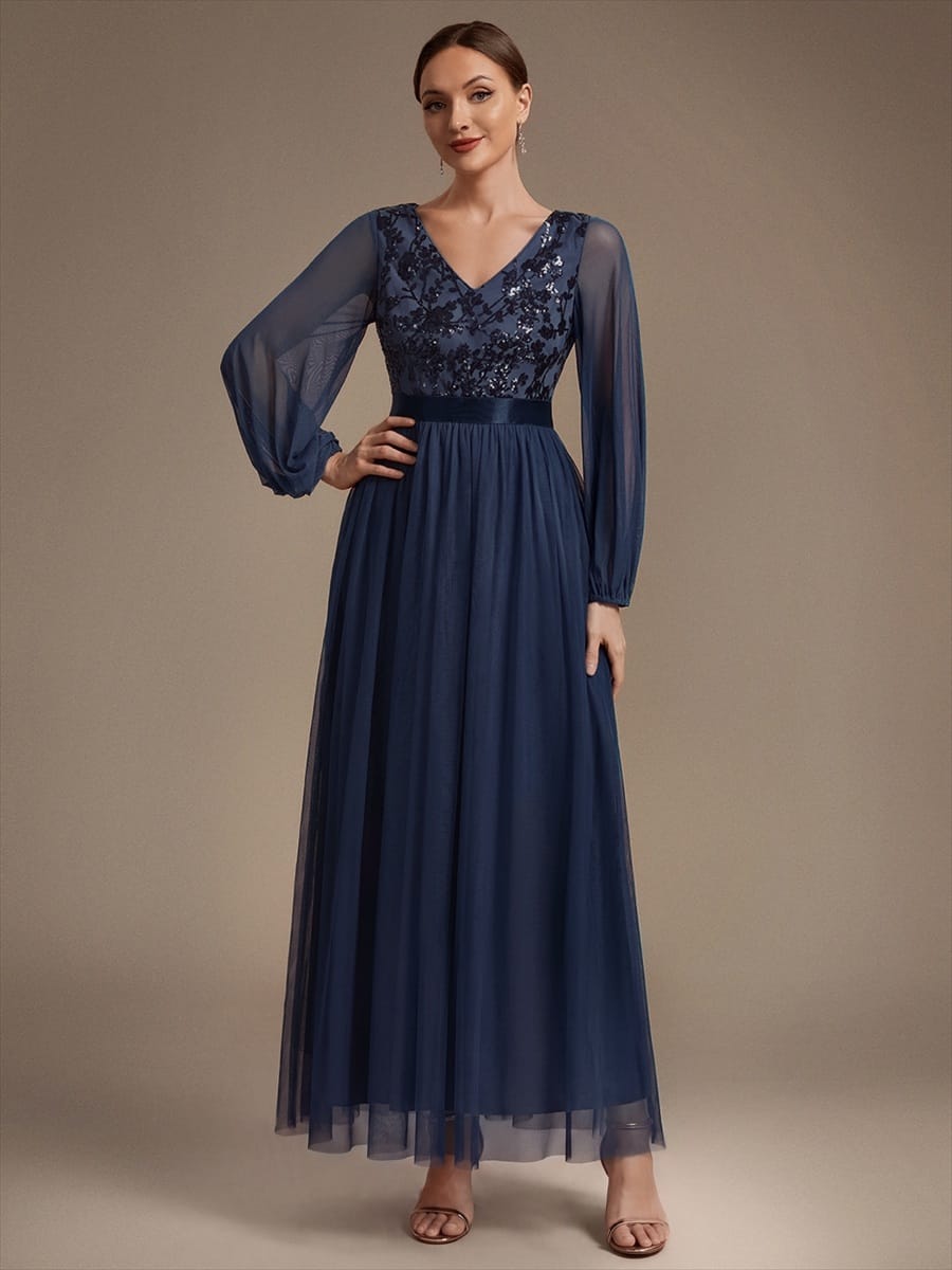 Tulle Maxi Length V-neckline A-line Puff Sleeve Back zipper Evening Dresses #color_Navy Blue