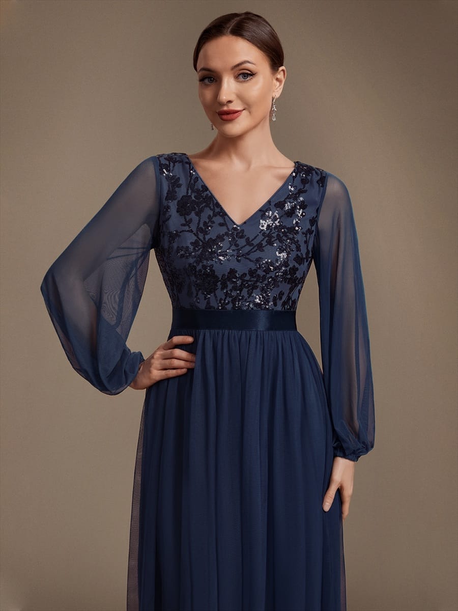 Tulle Maxi Length V-neckline A-line Puff Sleeve Back zipper Evening Dresses #color_Navy Blue
