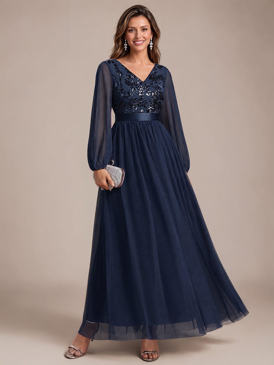 Tulle Maxi Length V-neckline A-line Puff Sleeve Back zipper Evening Dresses #color_Navy Blue
