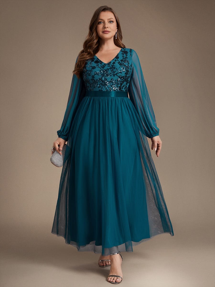 Tulle Maxi Length V-neckline A-line Puff Sleeve Back zipper Evening Dresses #color_Teal