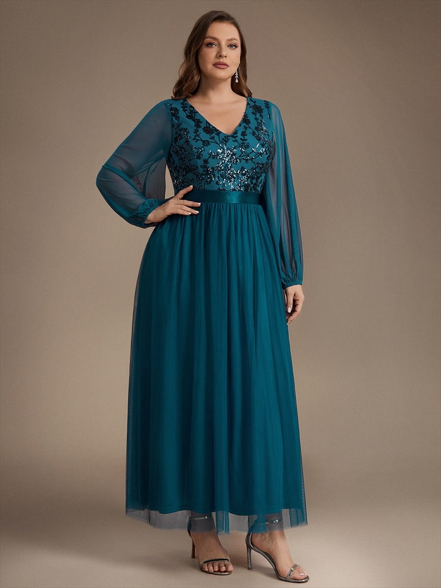 Tulle Maxi Length V-neckline A-line Puff Sleeve Back zipper Evening Dresses #color_Teal