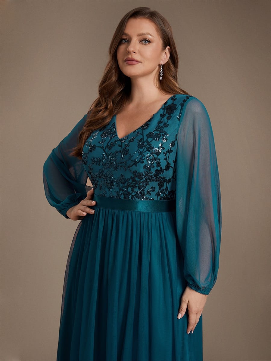 Tulle Maxi Length V-neckline A-line Puff Sleeve Back zipper Evening Dresses #color_Teal