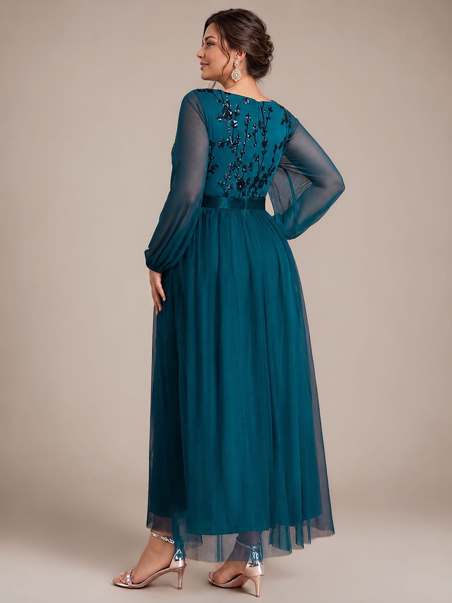 Tulle Maxi Length V-neckline A-line Puff Sleeve Back zipper Evening Dresses #color_Teal