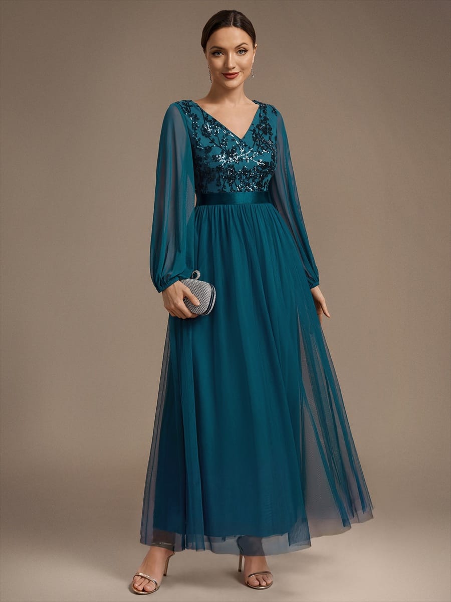 Tulle Maxi Length V-neckline A-line Puff Sleeve Back zipper Evening Dresses #color_Teal