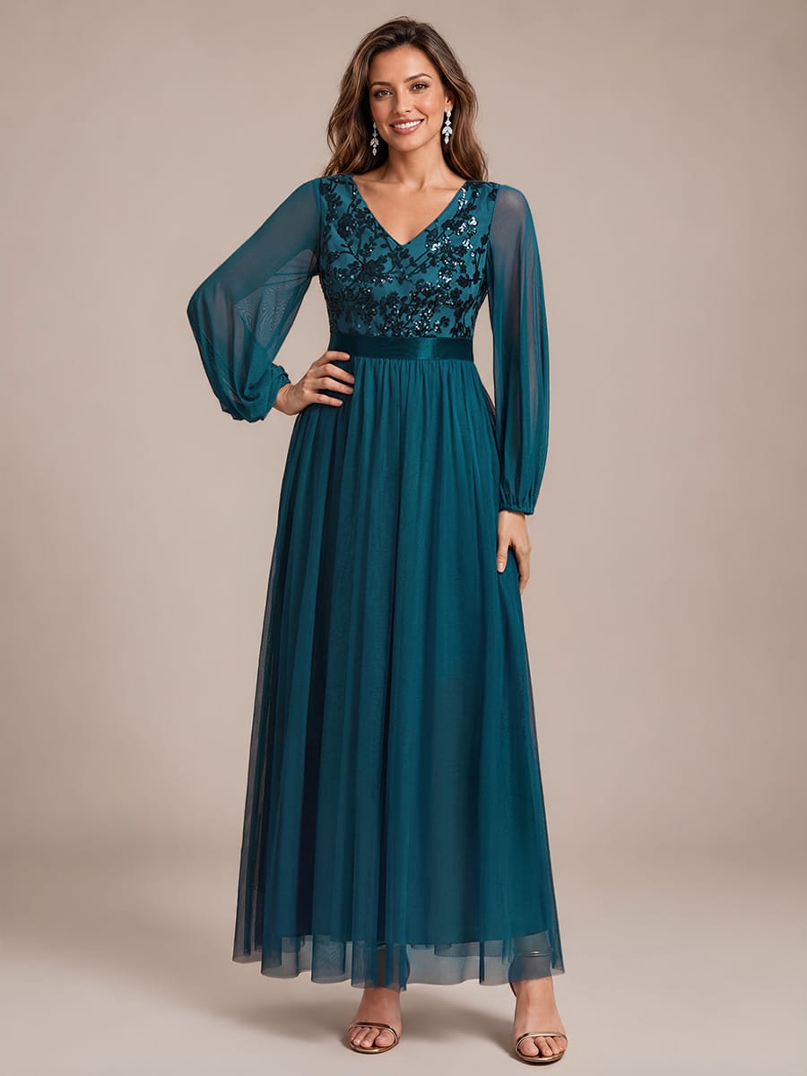 Tulle Maxi Length V-neckline A-line Puff Sleeve Back zipper Evening Dresses #color_Teal