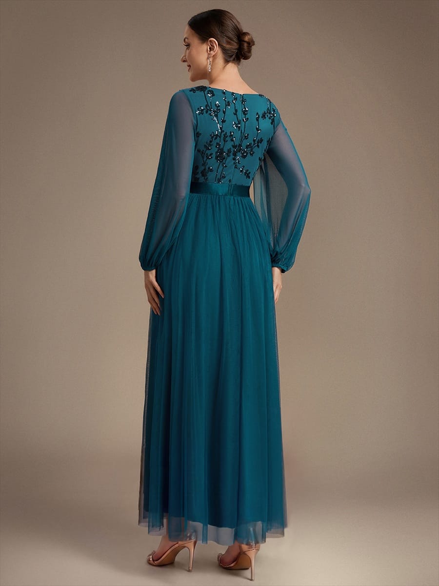 Tulle Maxi Length V-neckline A-line Puff Sleeve Back zipper Evening Dresses #color_Teal