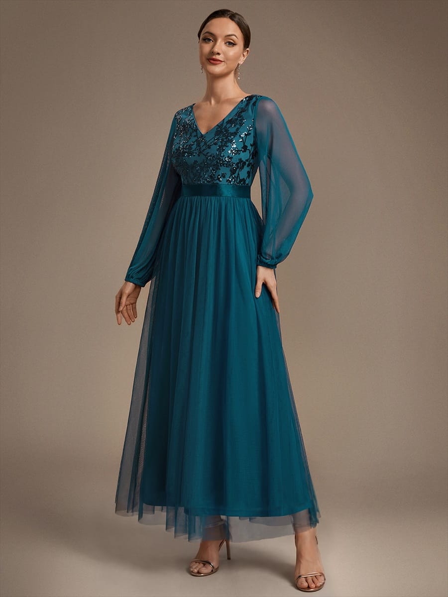 Tulle Maxi Length V-neckline A-line Puff Sleeve Back zipper Evening Dresses #color_Teal
