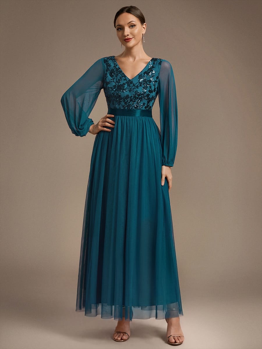 Tulle Maxi Length V-neckline A-line Puff Sleeve Back zipper Evening Dresses #color_Teal