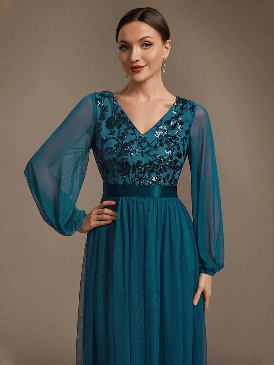 Tulle Maxi Length V-neckline A-line Puff Sleeve Back zipper Evening Dresses #color_Teal