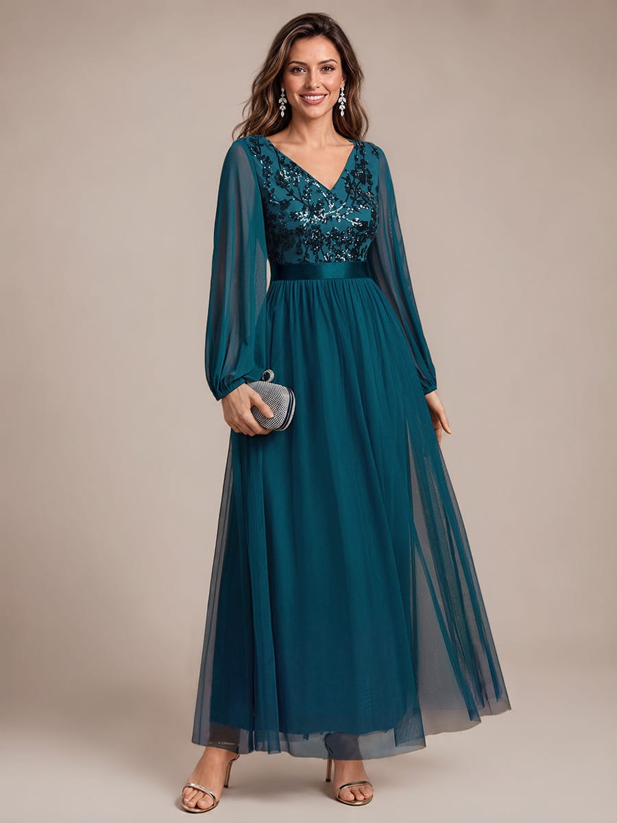 Tulle Maxi Length V-neckline A-line Puff Sleeve Back zipper Evening Dresses #color_Teal