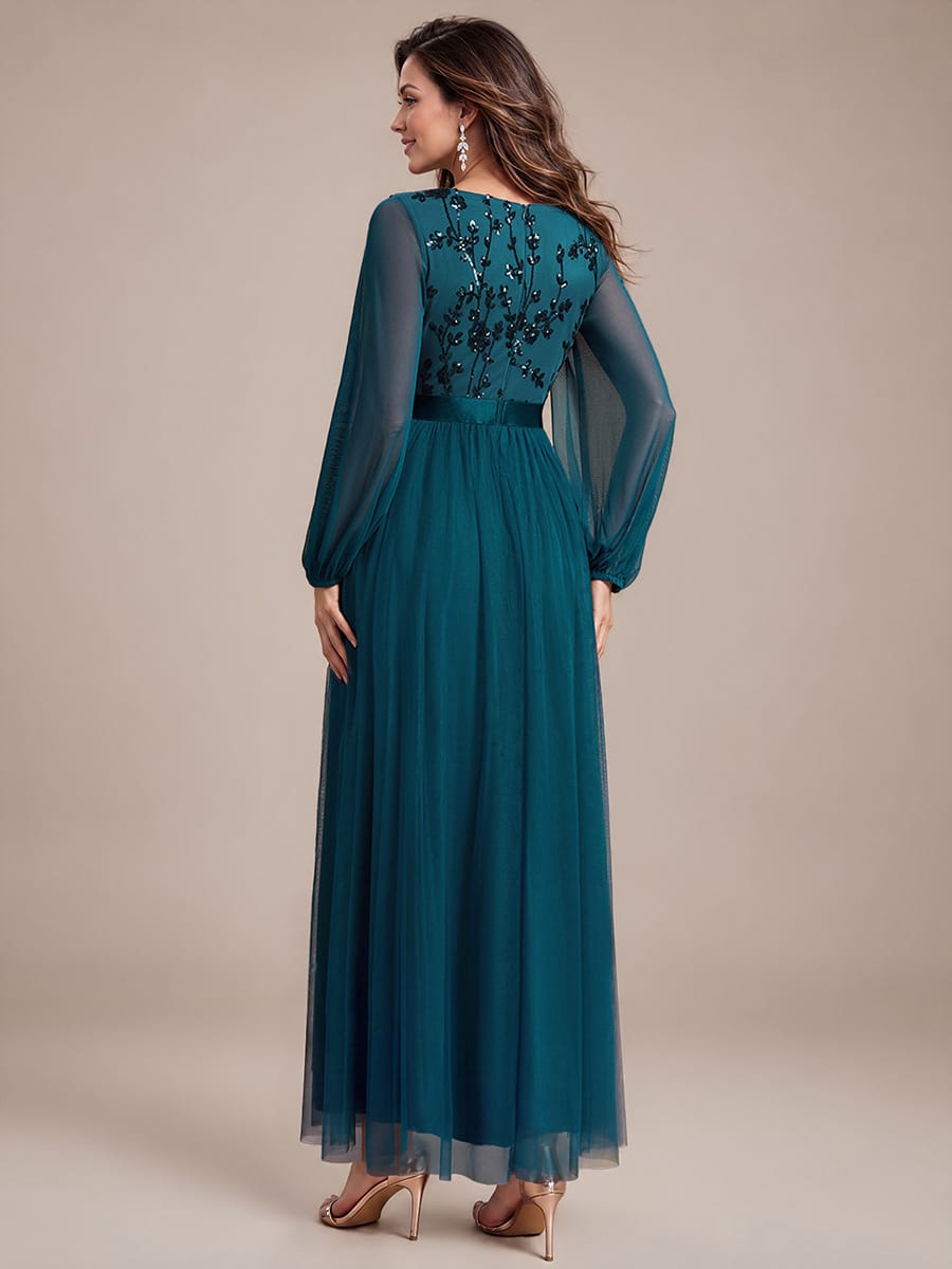 Tulle Maxi Length V-neckline A-line Puff Sleeve Back zipper Evening Dresses #color_Teal