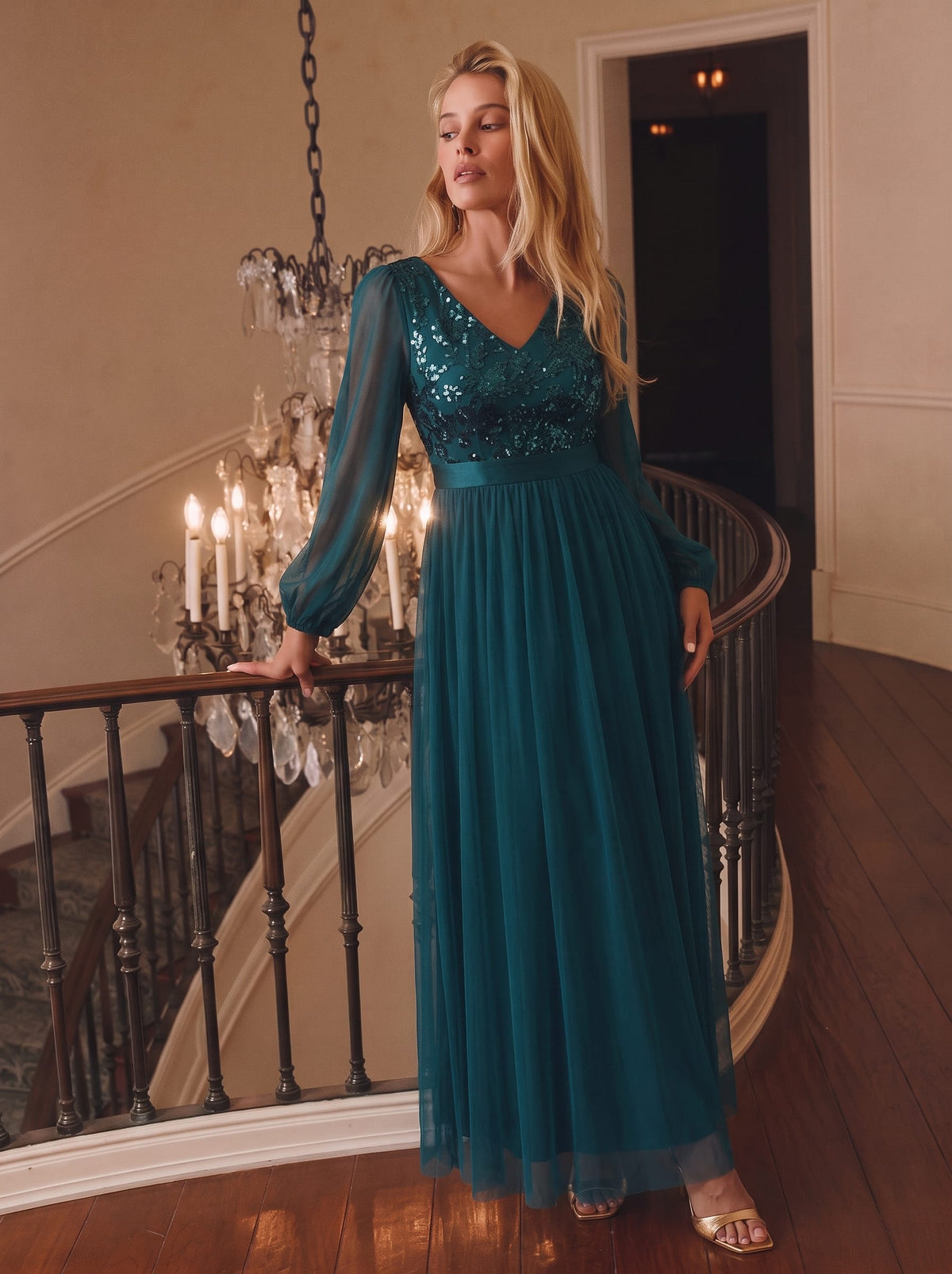 Tulle Maxi Length V-neckline A-line Puff Sleeve Back zipper Evening Dresses #color_Teal