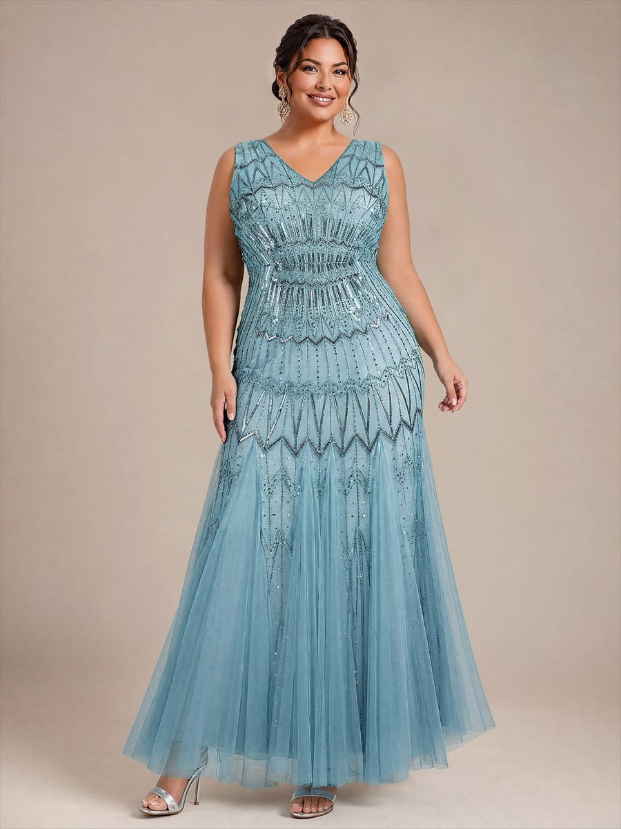 Tulle with Maxi Length, V-neckline, Mermaid, Sleeveless and evening dress #color_Sky Blue