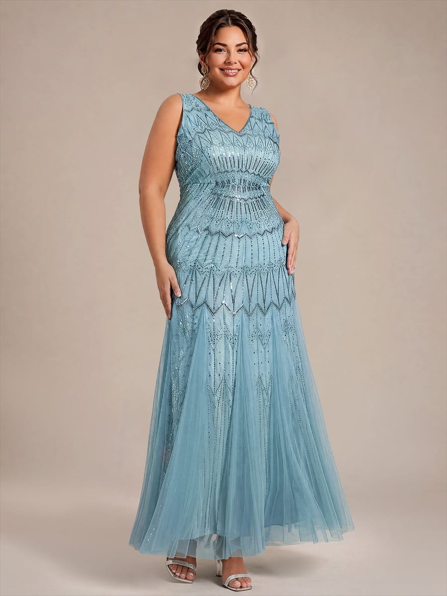 Tulle with Maxi Length, V-neckline, Mermaid, Sleeveless and evening dress #color_Sky Blue