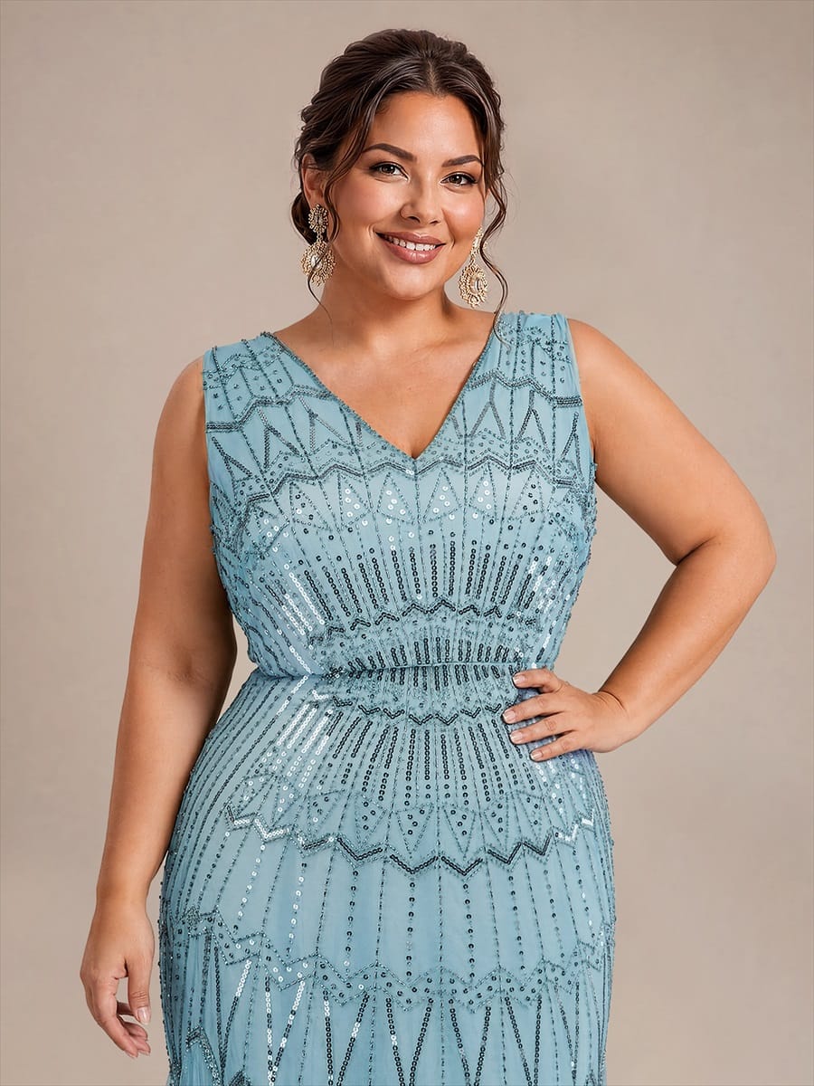 Tulle with Maxi Length, V-neckline, Mermaid, Sleeveless and evening dress #color_Sky Blue