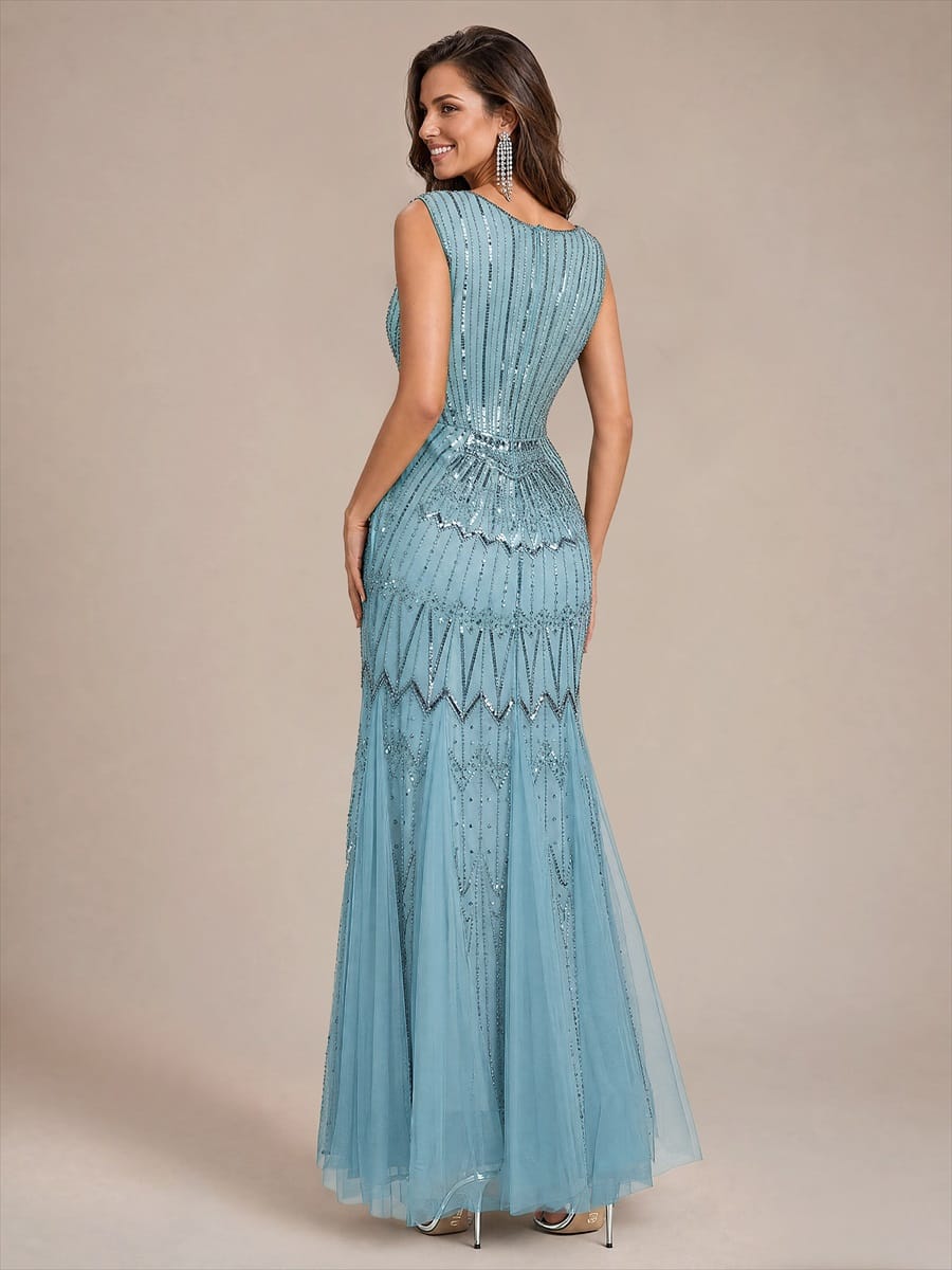Tulle with Maxi Length, V-neckline, Mermaid, Sleeveless and evening dress #color_Sky Blue