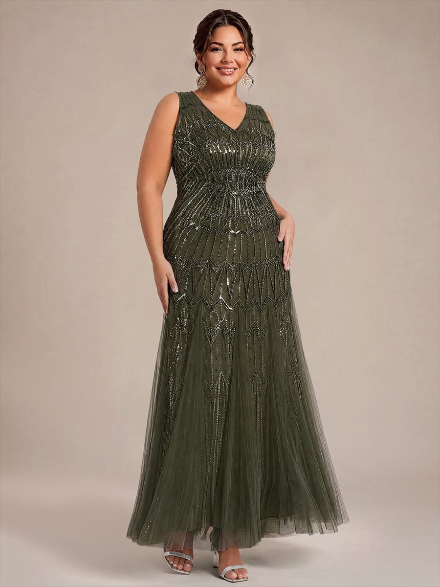 Tulle with Maxi Length, V-neckline, Mermaid, Sleeveless and evening dress #color_Olive Green