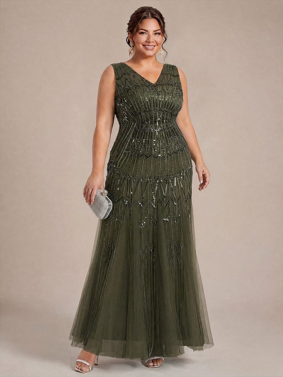 Tulle with Maxi Length, V-neckline, Mermaid, Sleeveless and evening dress #color_Olive Green