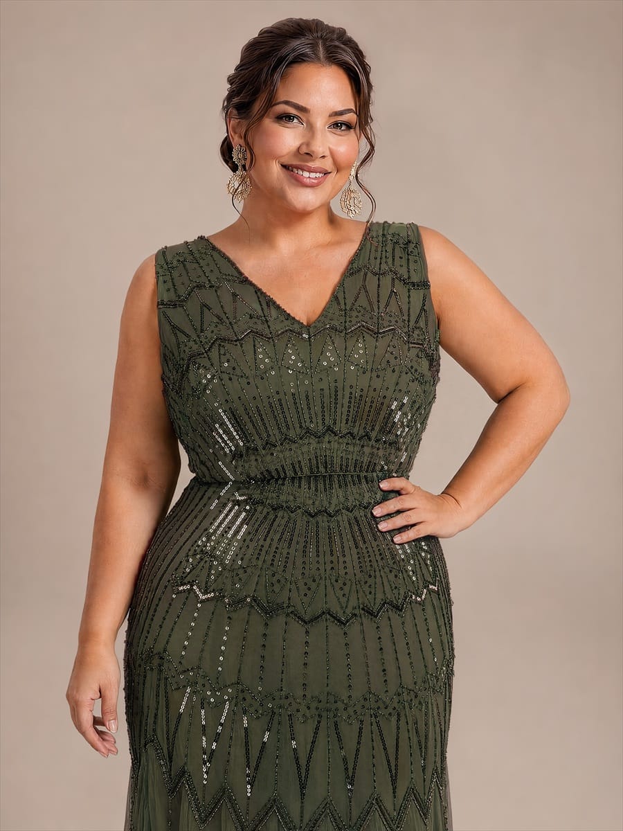 Tulle with Maxi Length, V-neckline, Mermaid, Sleeveless and evening dress #color_Olive Green