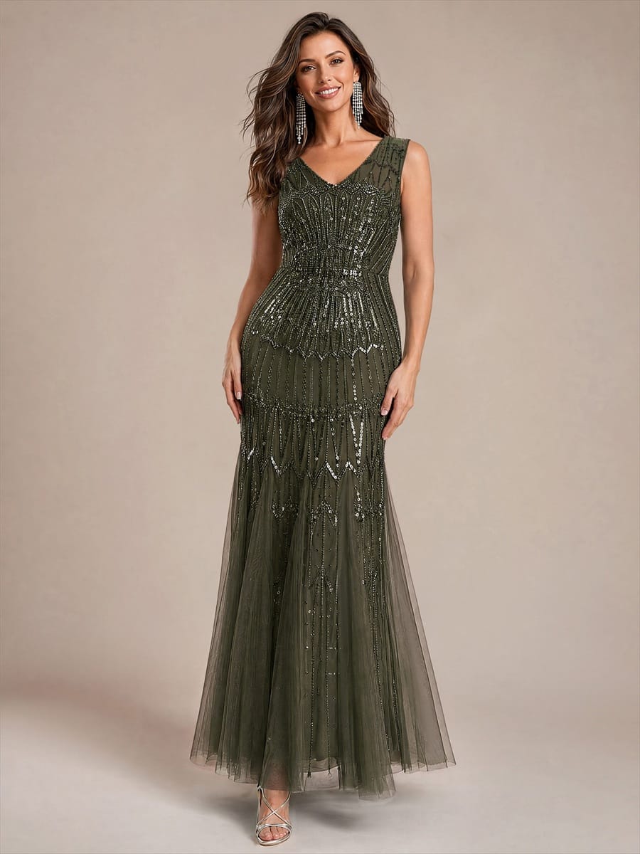 Tulle with Maxi Length, V-neckline, Mermaid, Sleeveless and evening dress #color_Olive Green