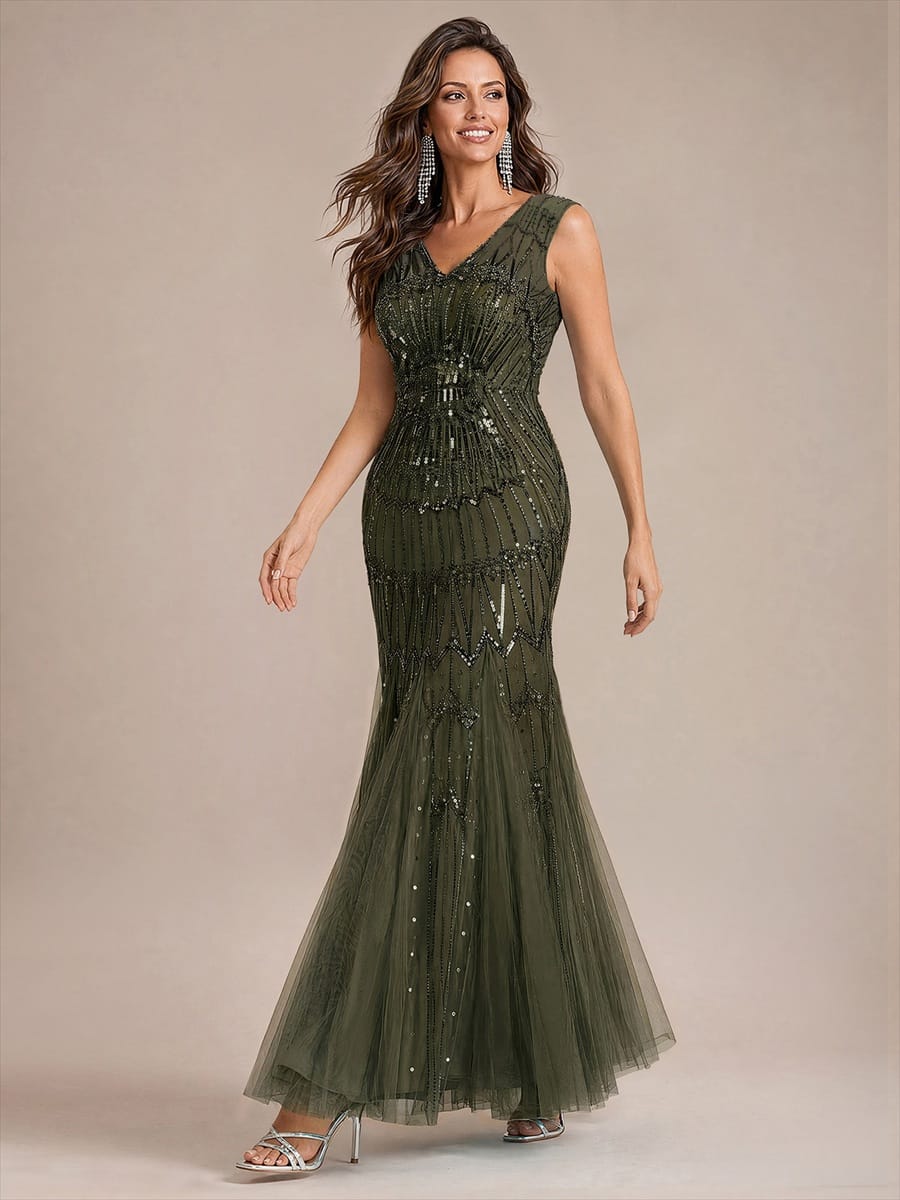 Tulle with Maxi Length, V-neckline, Mermaid, Sleeveless and evening dress #color_Olive Green