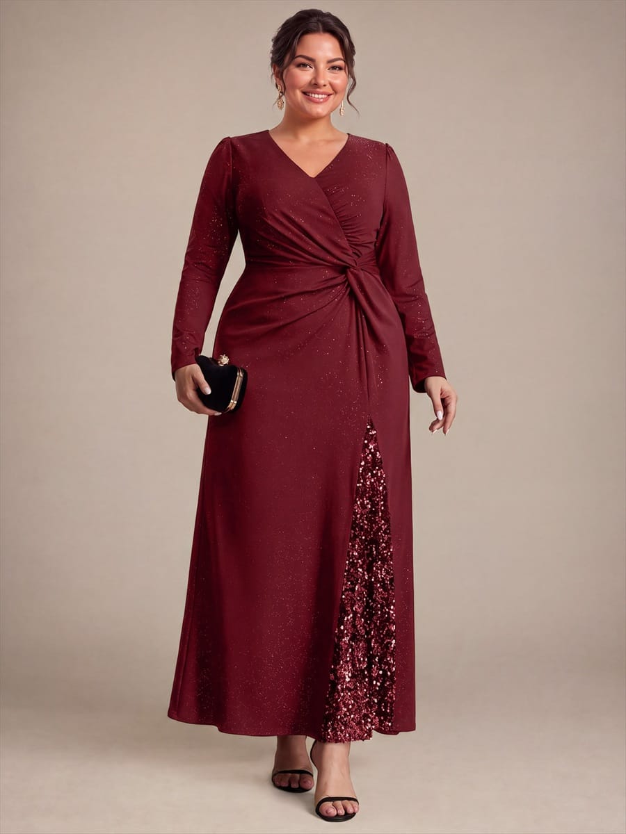 Sequin Knit Fitted Sleeve Dress #color_Burgundy