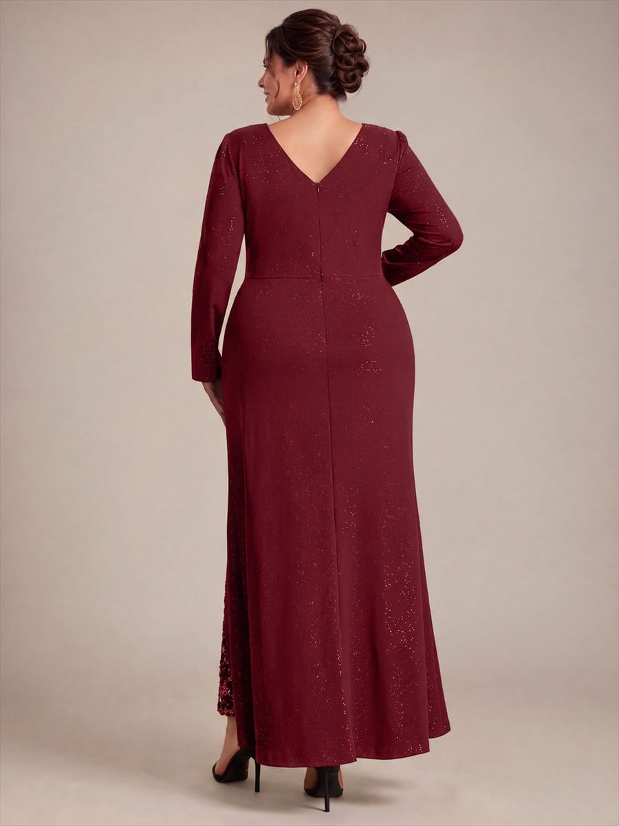 Sequin Knit Fitted Sleeve Dress #color_Burgundy