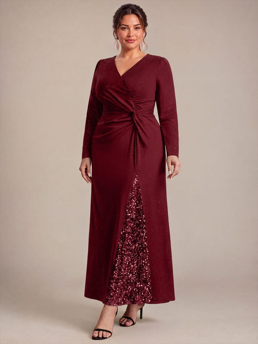 Sequin Knit Fitted Sleeve Dress #color_Burgundy
