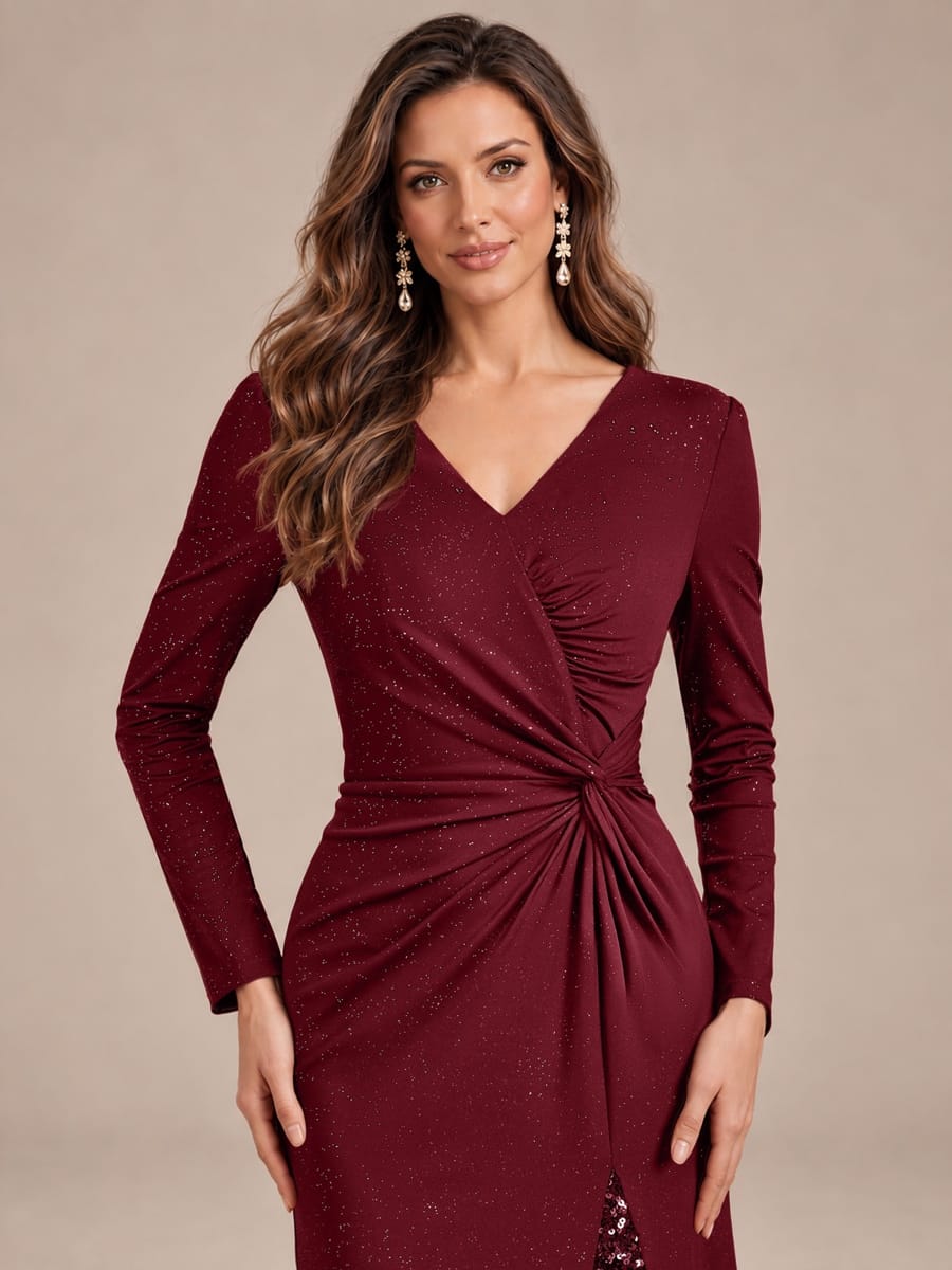 Sequin Knit Fitted Sleeve Dress #color_Burgundy