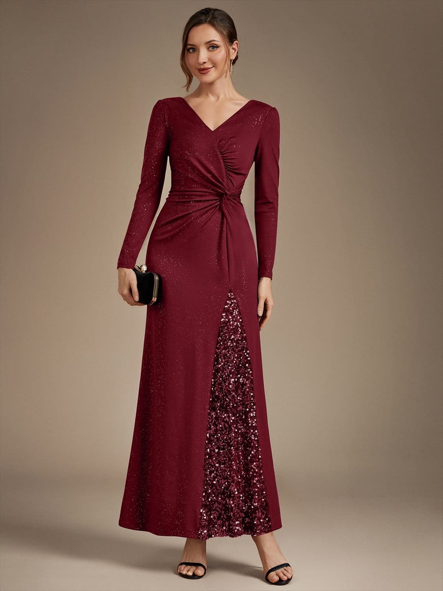 Sequin Knit Fitted Sleeve Dress #color_Burgundy