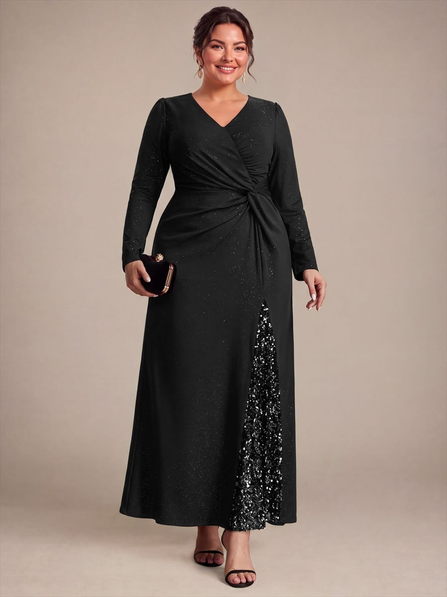 Sequin Knit Fitted Sleeve Dress #color_Black