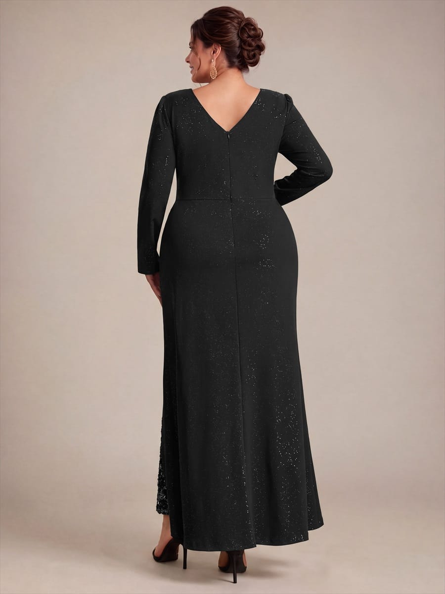 Sequin Knit Fitted Sleeve Dress #color_Black