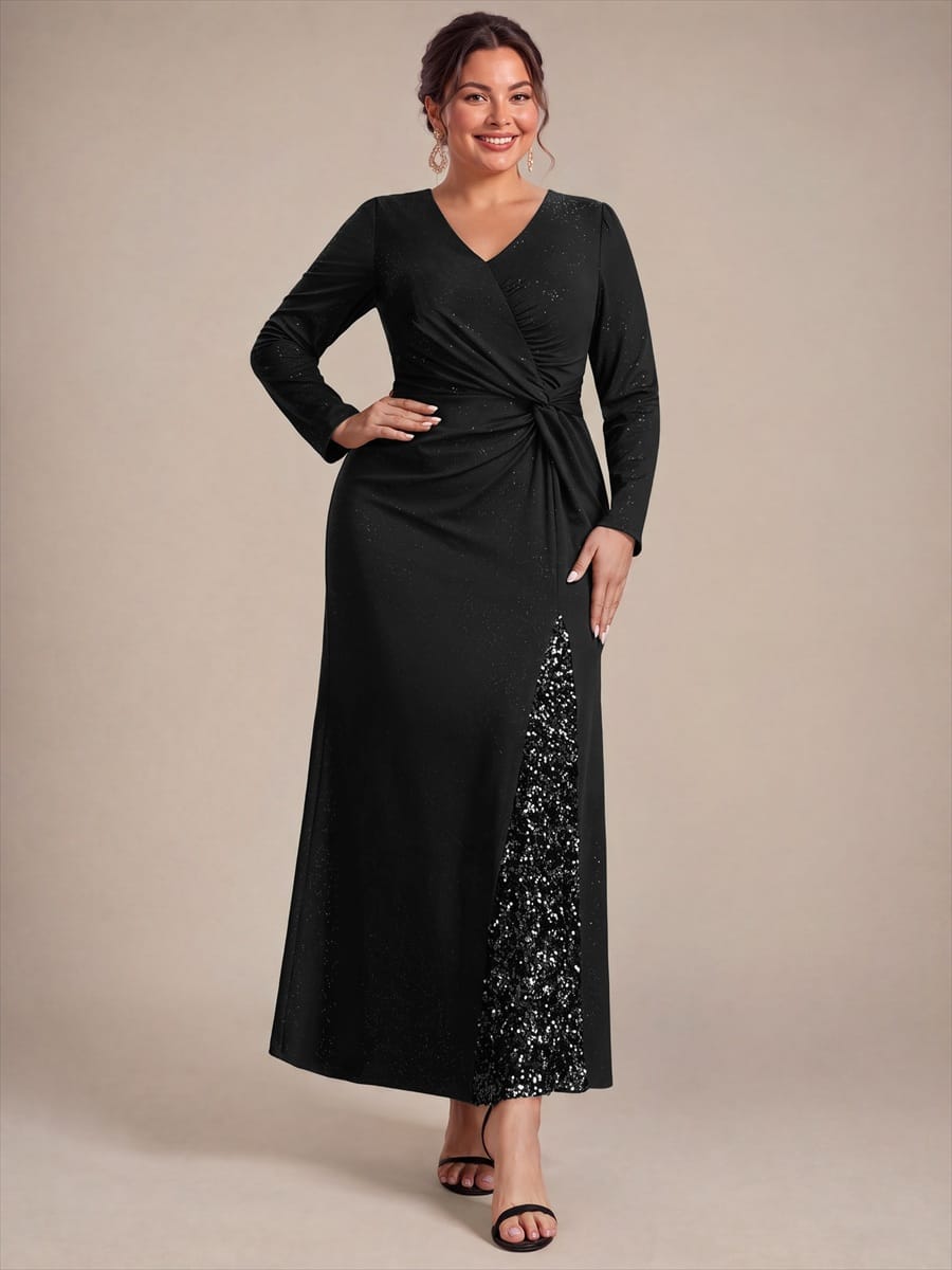 Sequin Knit Fitted Sleeve Dress #color_Black