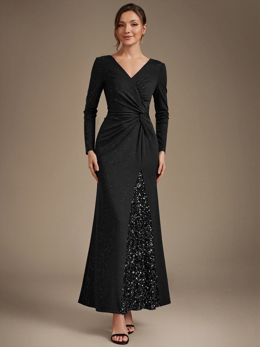 Sequin Knit Fitted Sleeve Dress #color_Black