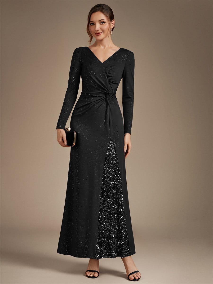 Sequin Knit Fitted Sleeve Dress #color_Black